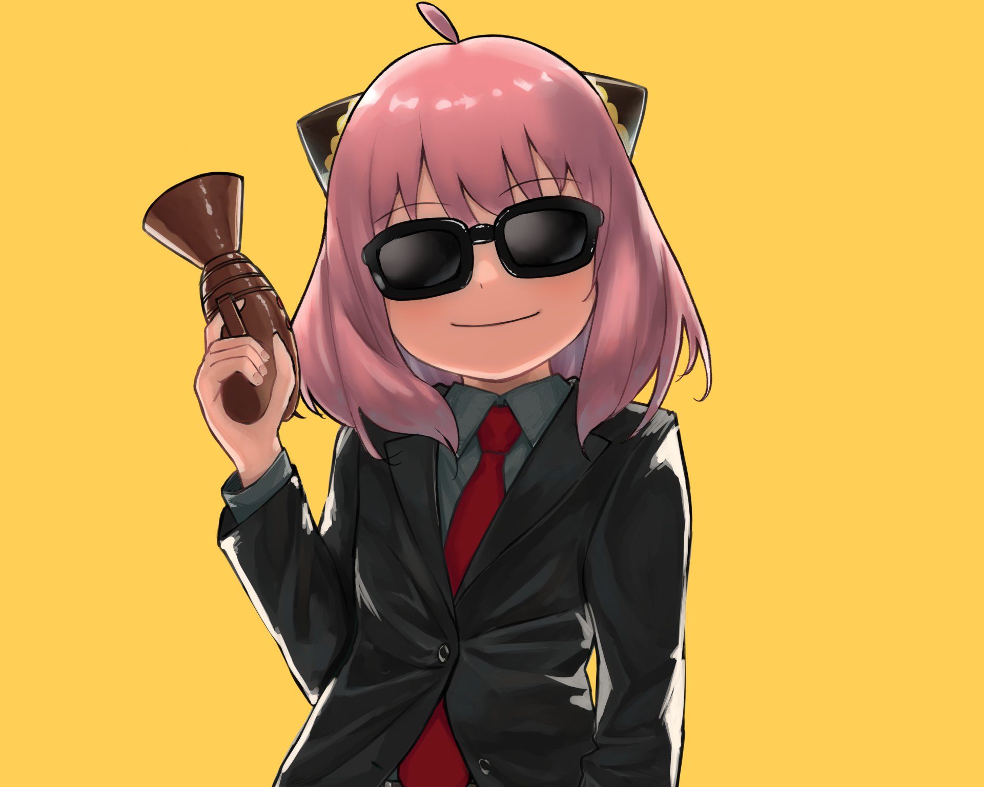 Anya Forger from Spy x Family in a black suit and sunglasses, holding a spy gadget against a yellow background, featured in an HD anime PC desktop wallpaper.