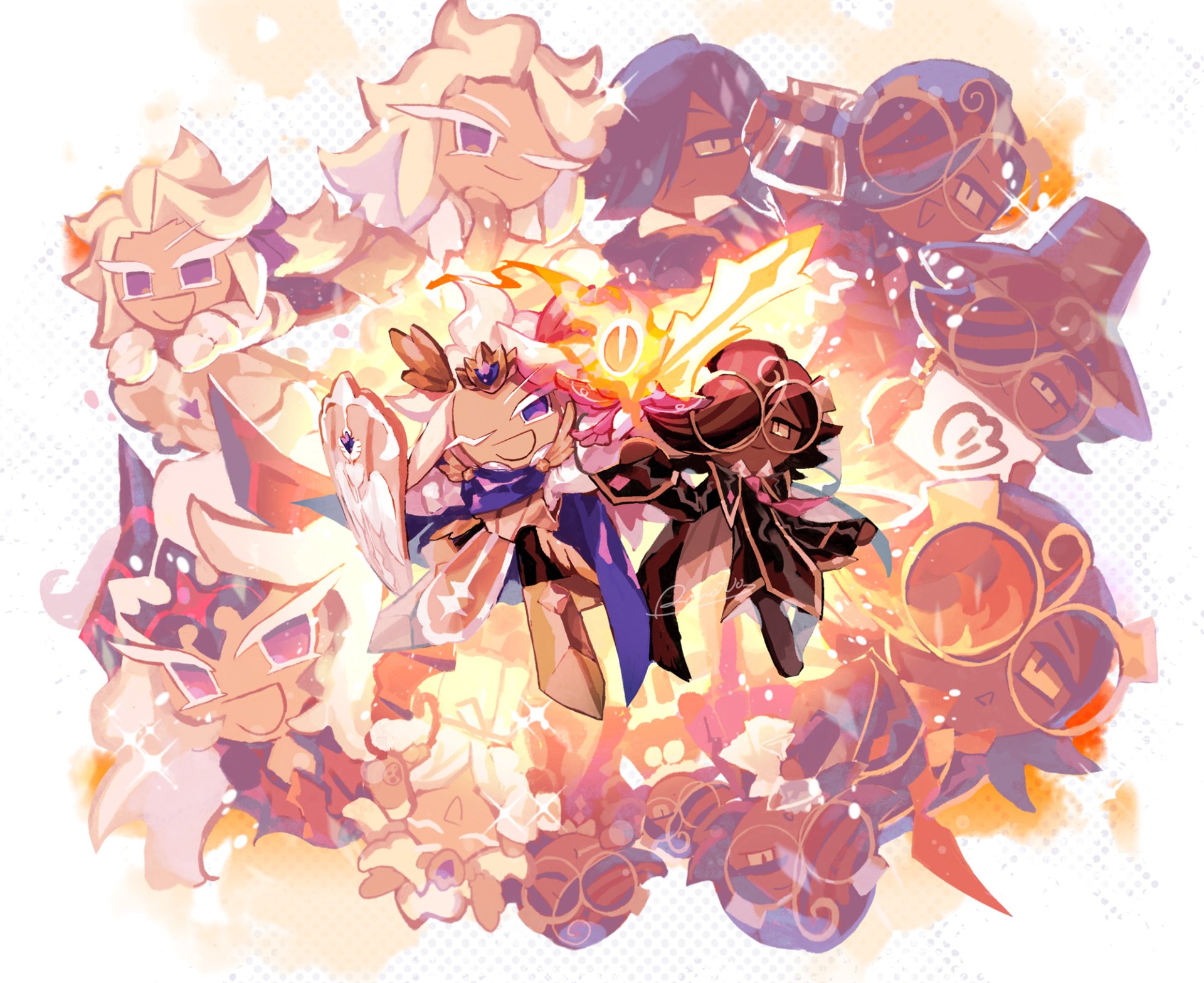 HD PC desktop wallpaper featuring vibrant characters from the video game COOKIE RUN: KINGDOM in dynamic action poses with fiery and glowing effects.