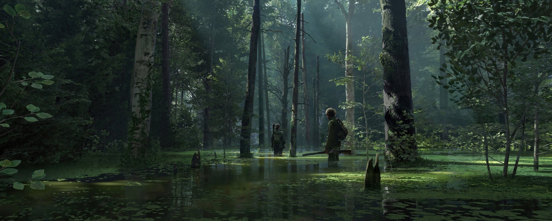 2K Quad HD PC desktop wallpaper/background from the video game The Last of Us Part II: two figures wading through a misty, overgrown forest swamp.