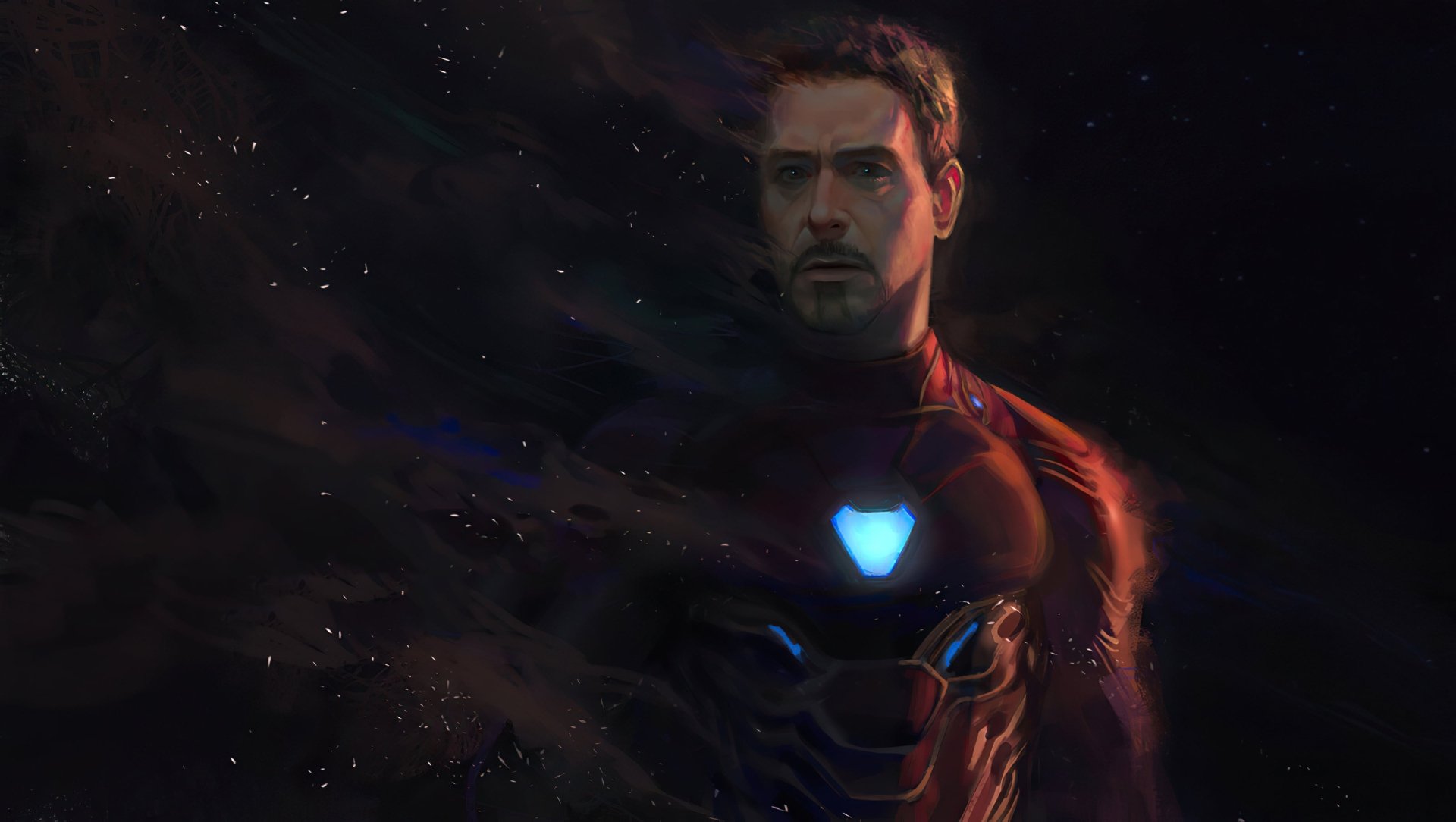 HD PC desktop wallpaper featuring Iron Man from the movie Avengers: Infinity War with a dark, cosmic background.