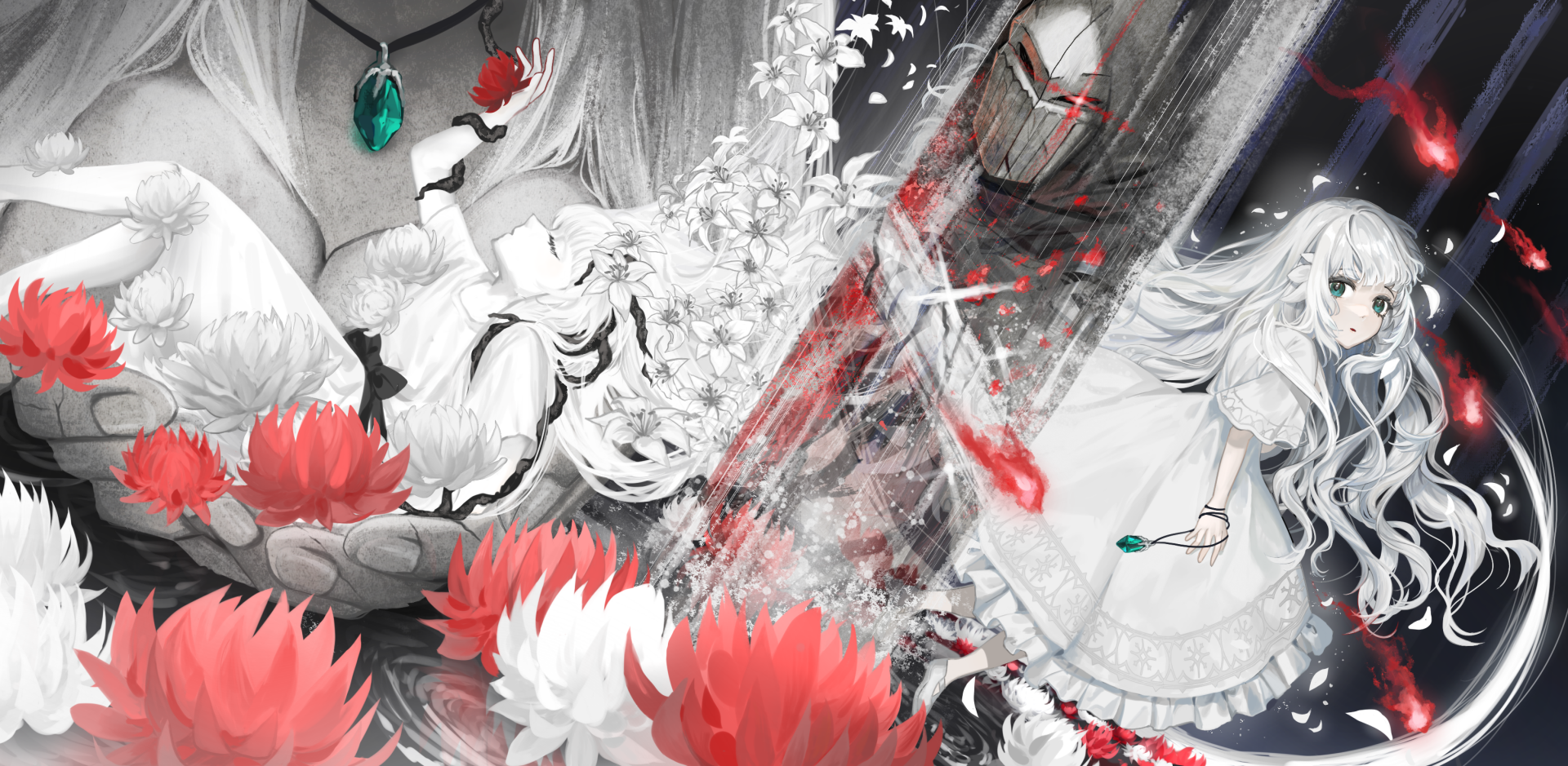 Lily (Ender Lilies) amid a grayscale fantasy scene with red lotus blooms and a green pendant — 2K Quad HD PC desktop wallpaper for the video game ENDER LILIES: Quietus of the Knights.