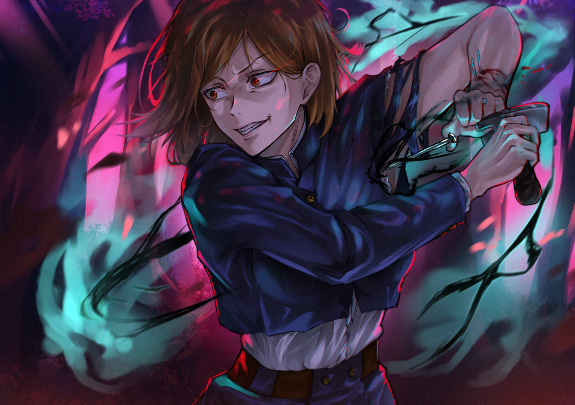 HD PC desktop wallpaper featuring Nobara Kugisaki from the anime Jujutsu Kaisen in an intense, dynamic pose with vibrant, dark energy effects.