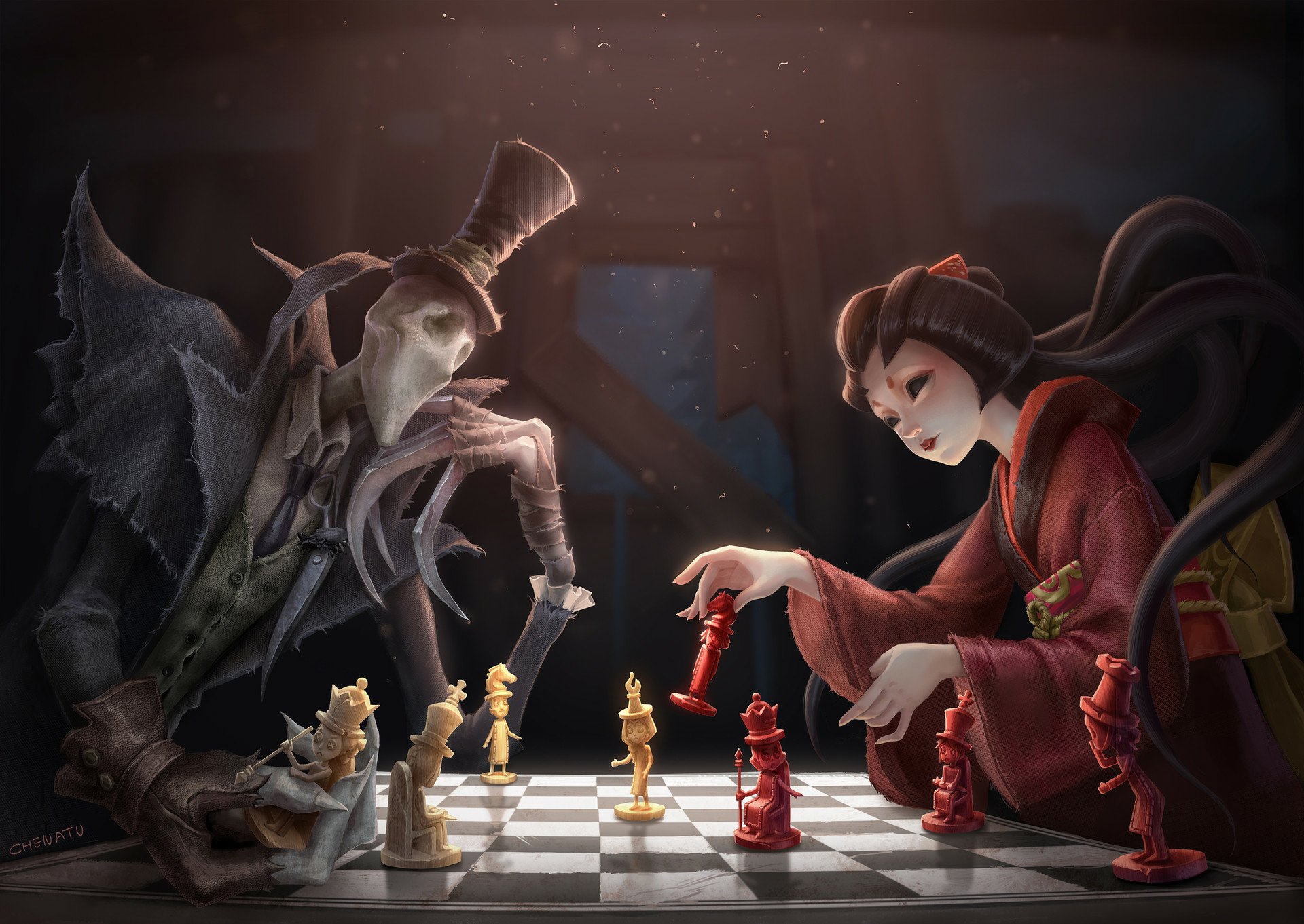 HD PC desktop wallpaper from the video game Identity V: two stylized characters — a masked gentleman and a geisha — face off over a chessboard of gold and red pieces in a moody, cinematic scene.
