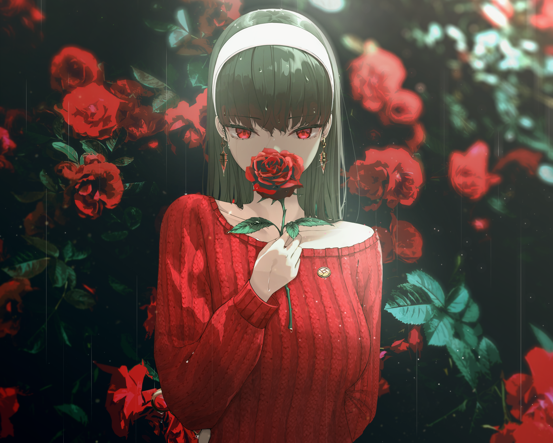 Yor Forger from Spy x Family stands amidst blooming red roses, holding one close with a calm expression in this vibrant 4K Ultra HD anime desktop wallpaper.