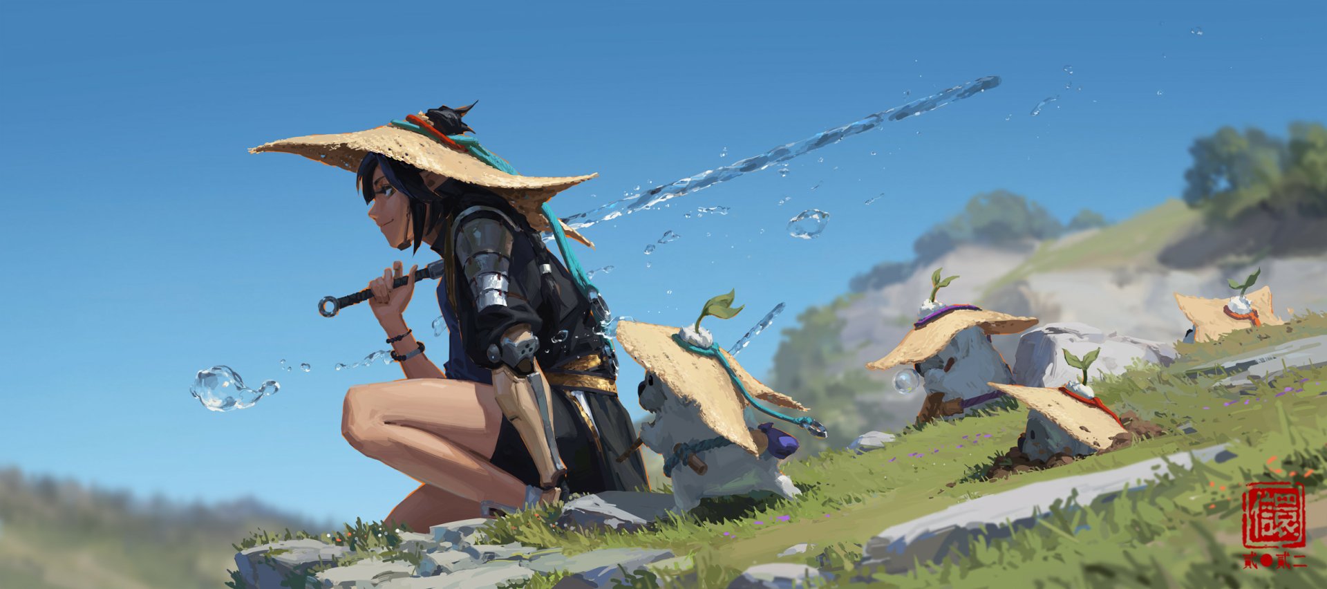 HD PC desktop wallpaper/background: fantasy woman warrior crouches on a windswept hill, armored and wearing a straw hat, followed by small hat‑clad creatures beneath a clear blue sky.