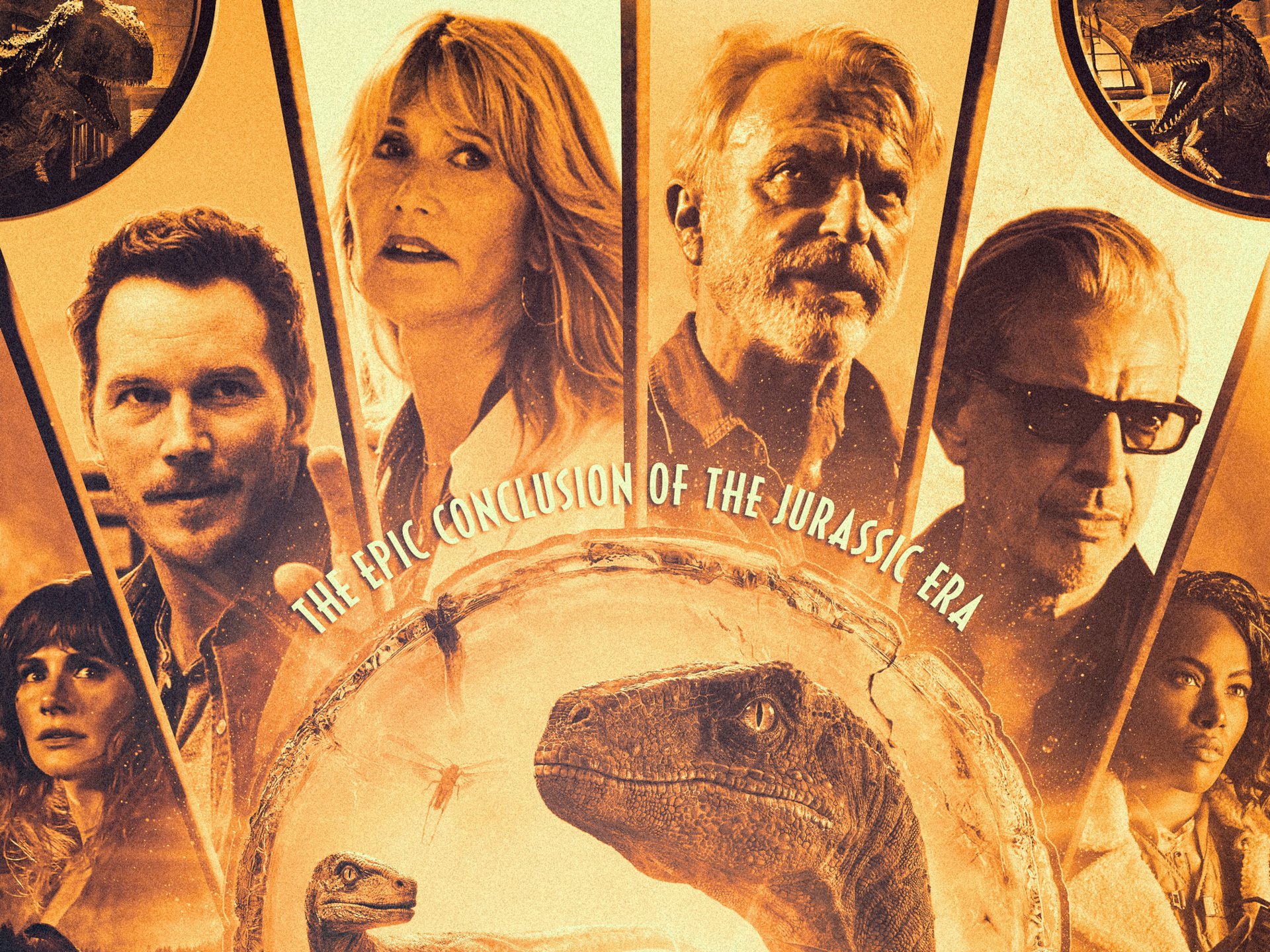 HD PC desktop wallpaper: Jurassic World: Dominion poster collage with central T. rex silhouette, orange-toned cast portraits and the tagline The epic conclusion of the Jurassic era.