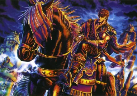 HD PC desktop wallpaper featuring bold anime characters from Fist of the North Star, with a fierce warrior on horseback amid a dynamic, glowing battle scene.