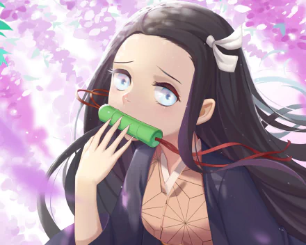 HD anime desktop wallpaper featuring Nezuko Kamado from Demon Slayer: Kimetsu no Yaiba with soft pink and purple floral background.