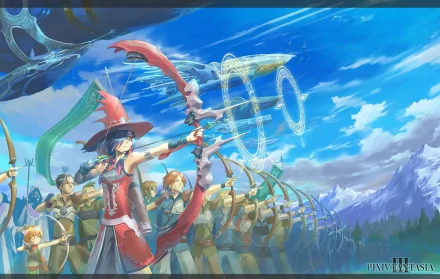 Anime-themed HD desktop wallpaper featuring a powerful archer casting spells, surrounded by a team of archers against a vibrant blue sky and majestic mountains. Part of Pixiv Fantasia III.