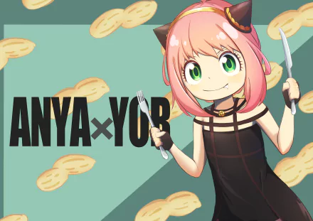 HD PC desktop wallpaper featuring Anya Forger from the anime Spy x Family, holding a fork and knife with peanuts scattered on a green background.