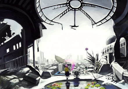 Byakuren Hijiri (Touhou) anime HD PC desktop wallpaper: solitary figure on a rooftop overlooking a ruined city and broken clockwork under a pale sky.