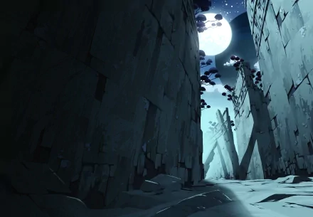 HD anime desktop wallpaper from Ōban Star-Racers, featuring a moonlit narrow canyon with tall, jagged rock walls and scattered debris under a glowing full moon.