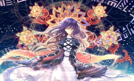 Byakuren Hijiri from the Touhou series stands gracefully in a vibrant anime-style illustration, surrounded by ethereal floral patterns and a mystical aura, serving as an HD desktop wallpaper.