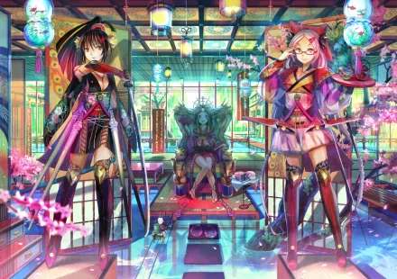 HD anime wallpaper featuring a warrior in a kimono with long hair and thigh-high boots, holding a katana, standing in an ornate room with a throne and vibrant decor.