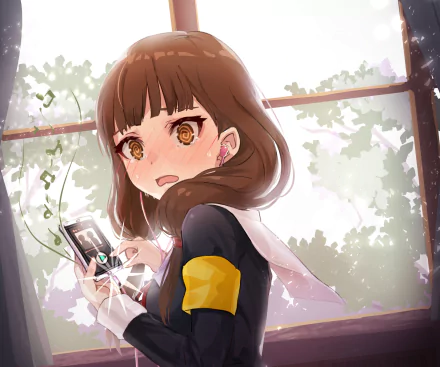 HD PC desktop wallpaper featuring Miko Iino from the anime Kaguya-sama: Love is War, showing her with earphones in a softly lit, leafy background.