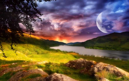 HD fantasy landscape desktop wallpaper featuring a vibrant sunset over a serene lake, lush green hills, and a large moon in a vivid sky.