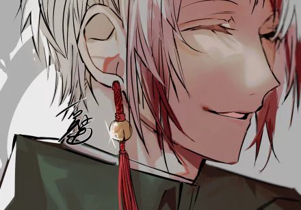 Close-up anime-style portrait of Saigiku Jōno from Bungou Stray Dogs, featuring detailed shading and a red tassel earring, designed as an HD PC desktop wallpaper.