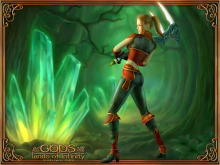 HD PC desktop wallpaper for the video game Gods: Lands of Infinity — a female warrior with a sword faces towering glowing green crystals in an emerald cavern.