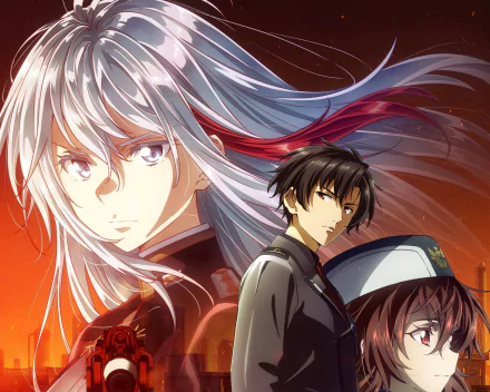 HD anime wallpaper featuring Vladilena Milizé, Shinei Nouzen, and another character from the series Eighty Six with a dramatic red-orange background.