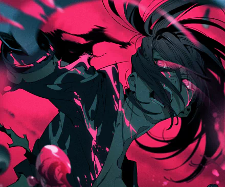 HD anime desktop wallpaper featuring Hyakkimaru from Dororo in dynamic action with a vibrant pink and black color scheme.