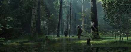 2K Quad HD PC desktop wallpaper/background from the video game The Last of Us Part II: two figures wading through a misty, overgrown forest swamp.