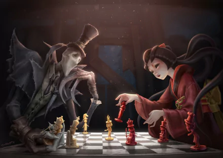 HD PC desktop wallpaper from the video game Identity V: two stylized characters — a masked gentleman and a geisha — face off over a chessboard of gold and red pieces in a moody, cinematic scene.