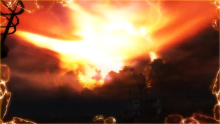 A dark landscape scene with vibrant orange and yellow flames engulfing the sky, inspired by the video game S.T.A.L.K.E.R.: Call of Pripyat, serving as an HD desktop wallpaper.