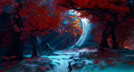 A vibrant fantasy landscape with glowing red trees, a mystical waterfall, and a figure standing near a rabbit, designed as an HD PC desktop wallpaper and background.