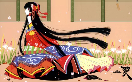 HD PC desktop wallpaper featuring Reimu Hakurei from Touhou, showcasing her in traditional attire with flowing black hair and vibrant colors in an anime art style.