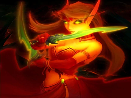 HD desktop wallpaper of a character from the video game Warcraft. The image depicts a fierce, glowing-eyed warrior holding a green-bladed weapon against a dark, dramatic background.