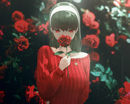 Yor Forger from Spy x Family stands amidst blooming red roses, holding one close with a calm expression in this vibrant 4K Ultra HD anime desktop wallpaper.