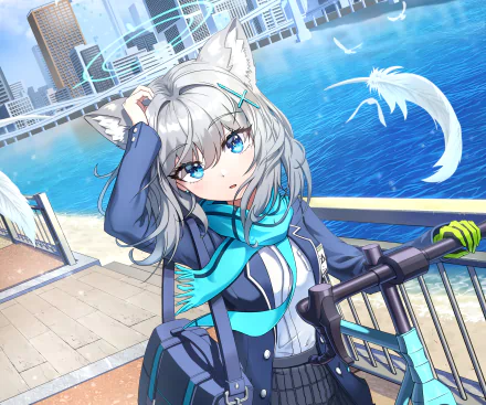 Shiroko Sunaookami, Blue Archive character, 2K Quad HD PC desktop wallpaper: silver-haired wolf-eared girl with blue eyes standing by a sunny waterfront.
