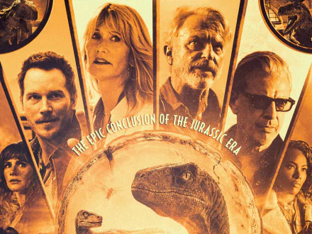 HD PC desktop wallpaper: Jurassic World: Dominion poster collage with central T. rex silhouette, orange-toned cast portraits and the tagline The epic conclusion of the Jurassic era.