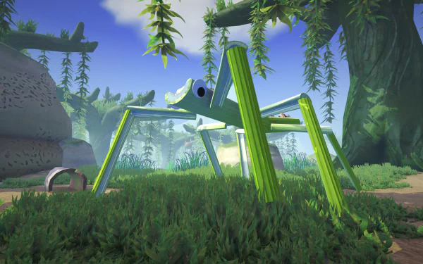 Bugsnax video game 4K Ultra HD PC wallpaper: a giant pale-green, stick-legged insect-like creature towers in a foggy forest clearing with hanging vines and grassy foreground.