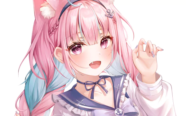 HD anime-style PC desktop wallpaper featuring Minato Aqua, a Virtual YouTuber from hololive, with pink and blue hair and a playful expression.