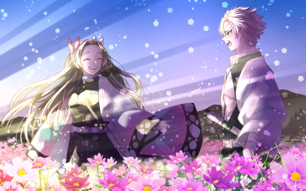 Kanae Kocho and Sanemi Shinazugawa from Demon Slayer: Kimetsu no Yaiba share a joyful moment in a vibrant flower field, captured in this HD anime desktop wallpaper.