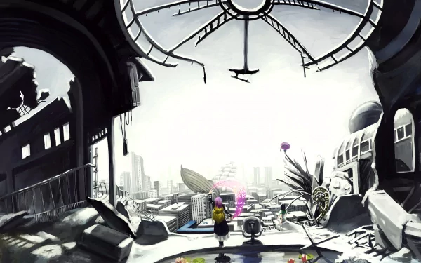 Byakuren Hijiri (Touhou) anime HD PC desktop wallpaper: solitary figure on a rooftop overlooking a ruined city and broken clockwork under a pale sky.