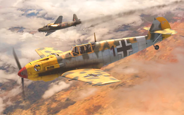 4K Ultra HD PC desktop wallpaper: WWII-era Messerschmitt Bf 109 fighters in yellow camouflage flying over arid landscape under cloudy sky, military aviation scene.