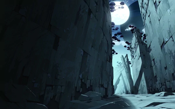 HD anime desktop wallpaper from Ōban Star-Racers, featuring a moonlit narrow canyon with tall, jagged rock walls and scattered debris under a glowing full moon.