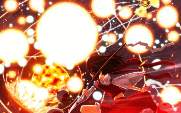 HD anime desktop wallpaper featuring Touhou characters Utsuho Reiuji and Reimu Hakurei amid dynamic, glowing orbs and fiery effects.