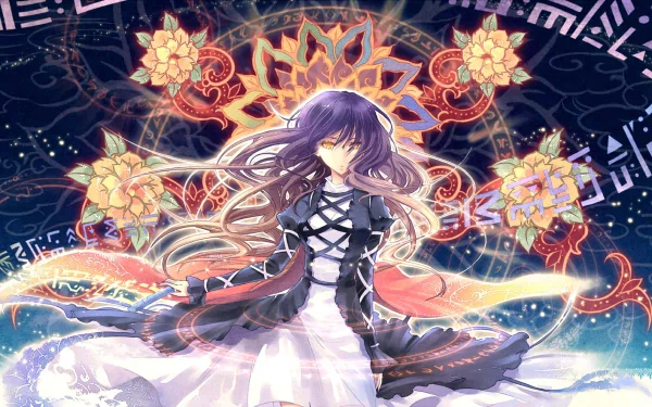 Byakuren Hijiri from the Touhou series stands gracefully in a vibrant anime-style illustration, surrounded by ethereal floral patterns and a mystical aura, serving as an HD desktop wallpaper.