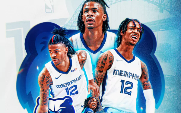 HD PC desktop wallpaper featuring multiple dynamic images of basketball player Ja Morant in Memphis Grizzlies uniform, highlighting sports energy and motion.