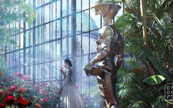 Royal figure in elegant attire accompanied by a futuristic knight in a lush greenhouse setting as HD desktop wallpaper background.