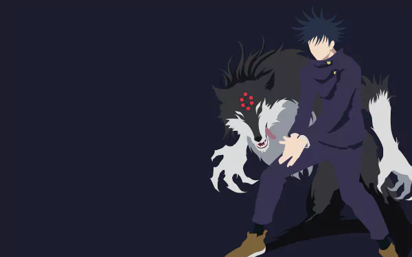 Megumi Fushiguro (Jujutsu Kaisen anime) in a dark minimalist 4K Ultra HD PC desktop wallpaper, standing with a snarling white-and-black shikigami against a deep navy background.