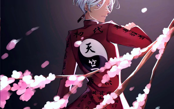 HD anime desktop wallpaper featuring Izana Kurokawa from Tokyo Revengers, surrounded by glowing pink blossoms against a dark background.