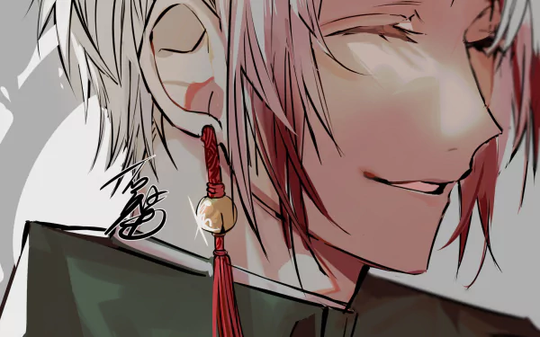 Close-up anime-style portrait of Saigiku Jōno from Bungou Stray Dogs, featuring detailed shading and a red tassel earring, designed as an HD PC desktop wallpaper.