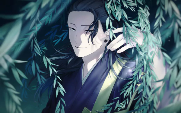 Suguru Geto from Jujutsu Kaisen portrayed in detailed anime style, surrounded by foliage in a serene, dark-toned 4K Ultra HD desktop wallpaper.