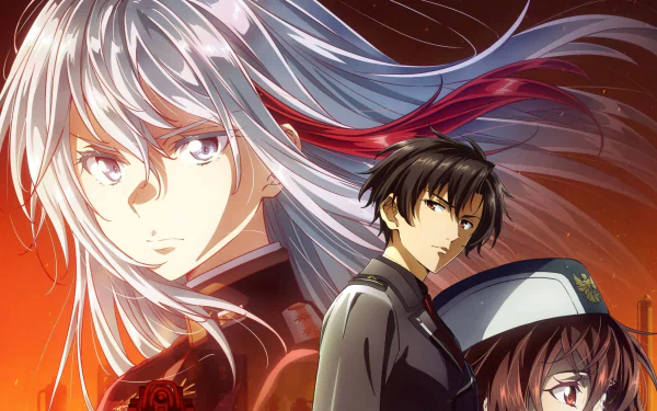 HD anime wallpaper featuring Vladilena Milizé, Shinei Nouzen, and another character from the series Eighty Six with a dramatic red-orange background.