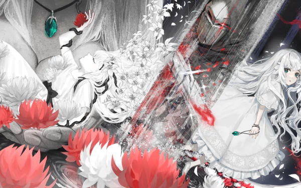 Lily (Ender Lilies) amid a grayscale fantasy scene with red lotus blooms and a green pendant — 2K Quad HD PC desktop wallpaper for the video game ENDER LILIES: Quietus of the Knights.