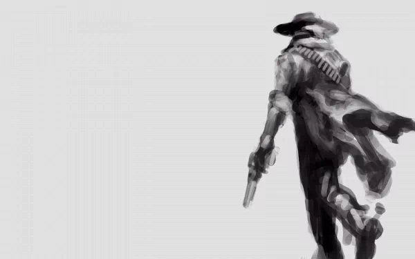 A stylized black and white image of a gunslinger from the Dark Tower comic, walking away with a revolver in hand, serves as an atmospheric HD desktop wallpaper.